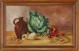 Grace Anderson, Radishes & Turnips, Oil on canvas table top still life shows a bunch of red radishes, two turnips, a head of lettuce and a brown jug
