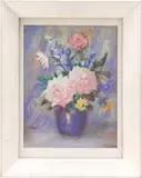 Vladimir Pavlosky, Blue Vase of Flowers, Pastel scene shows a blue vase having three big pink roses and other wildflowers