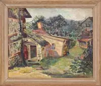 Peter Bela Mayer, Country Living, Oil on canvasboard scene shows two country houses, one with attached barn in a green tree landscape