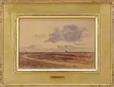 Sydney Richmond Burleigh, The Far Away Church, Watercolor scene shows a dirt road going through level land leading to faraway village with tall church