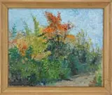 Landscape with Road by Eurilda Loomis France, Oil on canvas landscape scene shows a tree lined road under blue sky. The tops of the trees having colorful foliage, offered Aug 2008