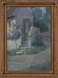 C. L. Butler, The Evening Walkway, Oil on canvas evening scene shows a stone house with back entrance with a stairway and a road