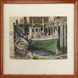 Corey, Boats at Dock, Watercolor scene shows large green hulled sailboat with smaller boat beside, moored to a tall dock with building