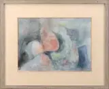 Charles E. Martin, Rocks Along the Shore, Impressionistic watercolor shows round objects in light red and blue colors