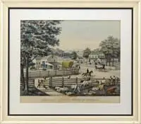 John Smith, American Country Scene in Summer, Colored lithograph shows a large well appointed farm with livestock, people, activities and landscape