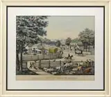 John Smith, American Country Scene in Summer, Colored lithograph shows a large well appointed farm with livestock, people, activities and landscape
