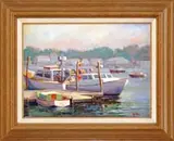 Vernice Gaietto, Tranquil Harbor, Oil on canvas scene shows two white boats back to back moored to a small dock with buildings and trees in the background