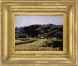 Carlton Theodore Chapman, Cape Ann Hillside, Oil on wood panel scene shows a beach leading to a rocky hillside with house under blue sky