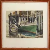 Corey, Boats at Dock, Watercolor scene shows large green hulled sailboat with smaller boat beside, moored to a tall dock with building