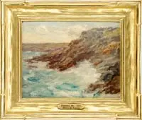 Ogunquit Surf by William S. Robinson, Oil on board Maine coastline scene shows waves crashing onto rocky shoreline, offered May 2008
