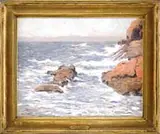John Nichols Haapanen, Coastal Maine, Oil on canvas coastal scene shows waves crashing onto colorful rock ledge