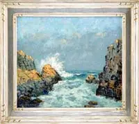 Rupert Lovejoy, Maine Shore, Fine oil on masonite coastal scene shows crashing waves with white spray on sunlit rocking shoreline