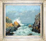 Rupert Lovejoy, Maine Shore, Fine oil on masonite coastal scene shows crashing waves with white spray on sunlit rocking shoreline