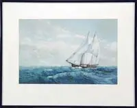 Radcliffe, The Two-Mast Schooner, Good watercolor nautical scene shows a two-mast black hulled schooner sailing right to left with full sails