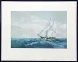 Radcliffe, The Two-Mast Schooner, Good watercolor nautical scene shows a two-mast black hulled schooner sailing right to left with full sails
