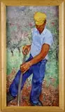 Roland Strasser, The Farmer, Large oil on canvas scene shows a man with shovel/rake tending to his chores outside a blossoming orchard