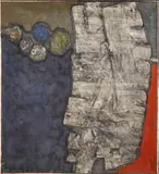 René Acht, Abstract in Blue, White and Red, Large oil on canvas shows abstract shapes in different colors