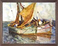 Side by Side by S. Cambier, Oil on canvas scene shows two single mast fishing boats moored side by side with figures aboard, offered May 2008