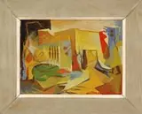 William Erno Mackey, Woman Enjoying the Landscape During Her Stroll, Oil on canvas colorful abstract scene shows a woman walking beside buildings