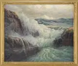 Gilbert Tucker Margeson, The Crashing Surf, Oil on canvas coastal scene shows waves crashing onto and over a rock ledge with an angry sea beyond