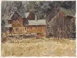 Townsend Howe, House at the Junction, Oil on canvas scene shows a brown connected house and barn which is located in Wilmot, New Hampshire on Rte 4A