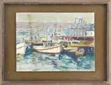 Signed, Along the Docks, Oil on artist board harbor scene shows several boats moored along a large dock with buildings