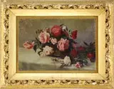 Marie Leftwich Dodge, Roses, Oil on canvas tabletop scene shows white, pink and red roses in a bowl