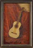 The Guitar by Robert Emmett Owen, Oil on canvas still life scene shows a six string acoustic guitar leaning against red fabric, offered May 2008