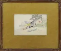 Low Tide by John B. Foster, Watercolor beach scene shows a small blue rowboat on dry sand next to a stairway leading to a beach with houses, offered May 2008