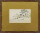 John B. Foster, Low Tide, Watercolor beach scene shows a small blue rowboat on dry sand next to a stairway leading to a beach with houses