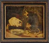 Cornelius Raaphorst, Playful Kittens, Oil on wood panel shows a number of kittens and a cat playing with a ball of yarn next to a blue a white bowl