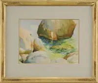 The Big Rock by Charles H. Ebert, Watercolor seaside shoreline view of a large rock casting a shadow in a calm pool behind with other rocks, offered May 2007