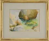 Charles H. Ebert, The Big Rock, Watercolor seaside shoreline view of a large rock casting a shadow in a calm pool behind with other rocks