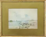 Charles Russell Loomis, View Off Clark’s Island, Plymouth, Massachusetts, Watercolor scene shows several sailboats sailing off a sandy beach with rocks and tethered rowboats