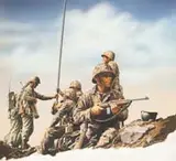 Douglas Brown, Raising the Flag, WWII watercolor illustration shows six Army soldiers holding the top of a rocky hilltop placing a flagpole