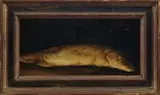 Honig Krebepz, Still Life with Pickerel, Oil on canvas mounted on wood panel shows a pickerel/pike against a dark background