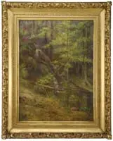 The Forest Waterfall by Annie M. Needham, Large oil on canvas forest scene shows dense woods with a cascading woodland stream waterfall, offered May 2007