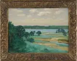 R K Beck, View of Sag Harbor, New York, Oil on canvas scene shows a town at the end of an inlet with tidal flats under a blue and white cloud sky