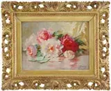Abbott Fuller Graves, Still Life with Roses, Oil on canvas still life scene shows pink, red and white roses on a reflective white tabletop