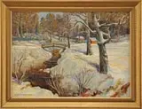 Amos Lee Armstrong, Shreveport Park in January, Oil on masonite winter scene shows a snow covered park area with two buildings, bridge, brook and trees