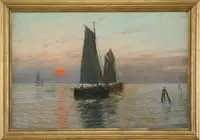 Einar From, Sunset Fishing, Oil on canvas seascape shows a setting red sun reflecting on a tranquil ocean with several fishing boats having sails up