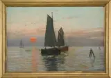 Einar From, Sunset Fishing, Oil on canvas seascape shows a setting red sun reflecting on a tranquil ocean with several fishing boats having sails up