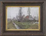 Viggo Johansen, Danish Farms, Oil on canvas landscape shows a woman beside small stream in back of farms with white geese