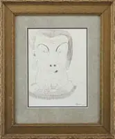 Abstract Portrait by L Ascher, Pen and ink drawing of a shoulder length head portrait. Dalisque style with accentuated facial features, offered May 2007