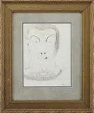 L Ascher, Abstract Portrait, Pen and ink drawing of a shoulder length head portrait. Dalisque style with accentuated facial features