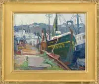 Mike Graves, Gloucester Harbor, Oil on canvas of busy harbor scene shows fishing boats moored to dock with sailboats and hill beyond