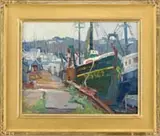 Mike Graves, Gloucester Harbor, Oil on canvas of busy harbor scene shows fishing boats moored to dock with sailboats and hill beyond