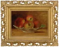 George Whittaker, Apple Still Life, Oil on canvas tabletop scene shows a green and white scalloped edge bowl filled with apples