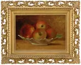 George Whittaker, Apple Still Life, Oil on canvas tabletop scene shows a green and white scalloped edge bowl filled with apples