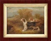 Flushing the Bird by G. Bateman, Oil on board scene shows two dogs flushing a game bird from a haystack, offered Aug 2007